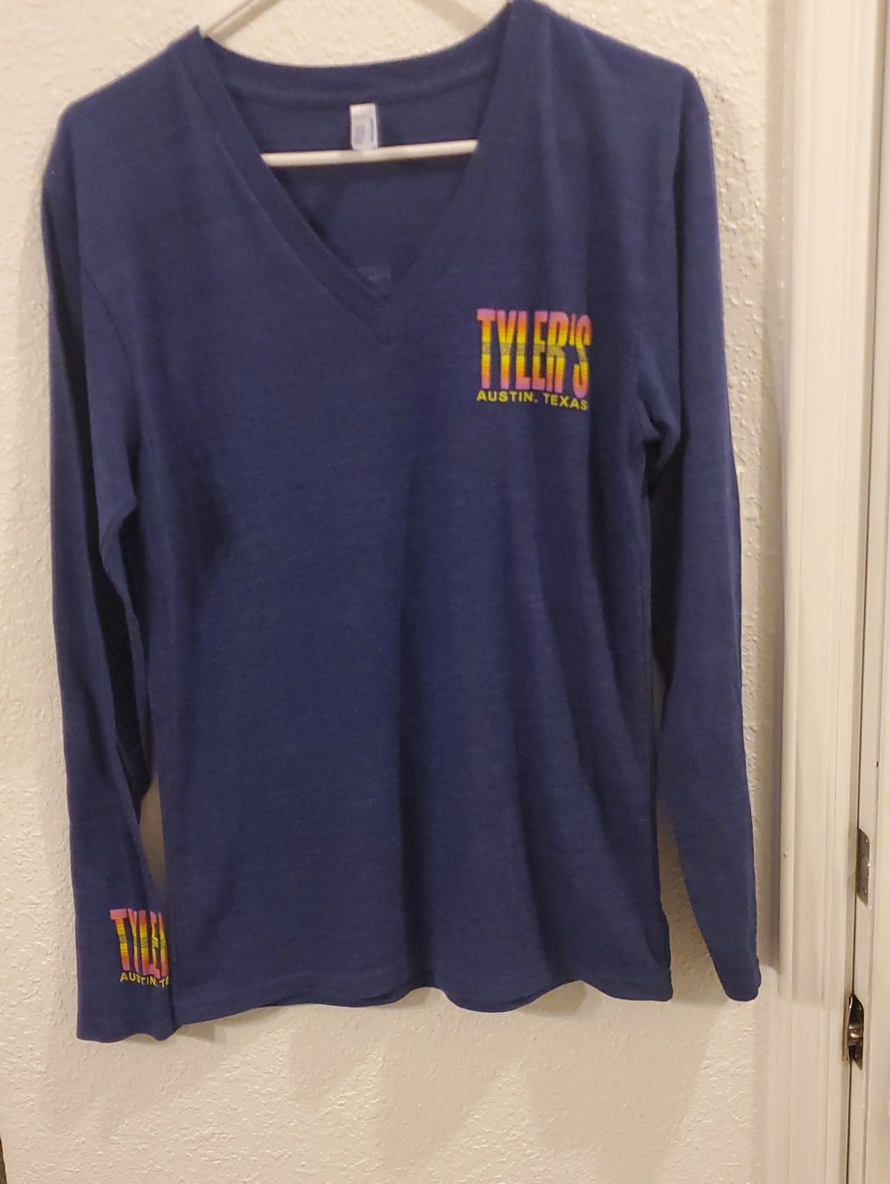 Navy V-Neck Long Sleeve with Multicolor Tyler's Austin Logo